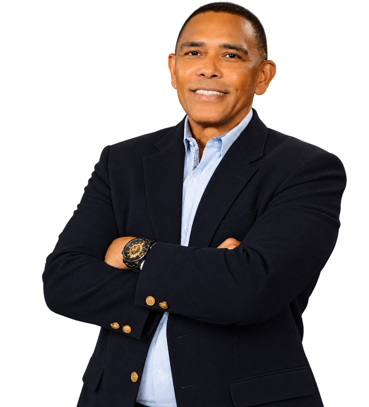 Larry Donnell Richardson, host of the Mastermind Wisdom Podcast for Winners, standing with arms crossed in a dark navy suit
